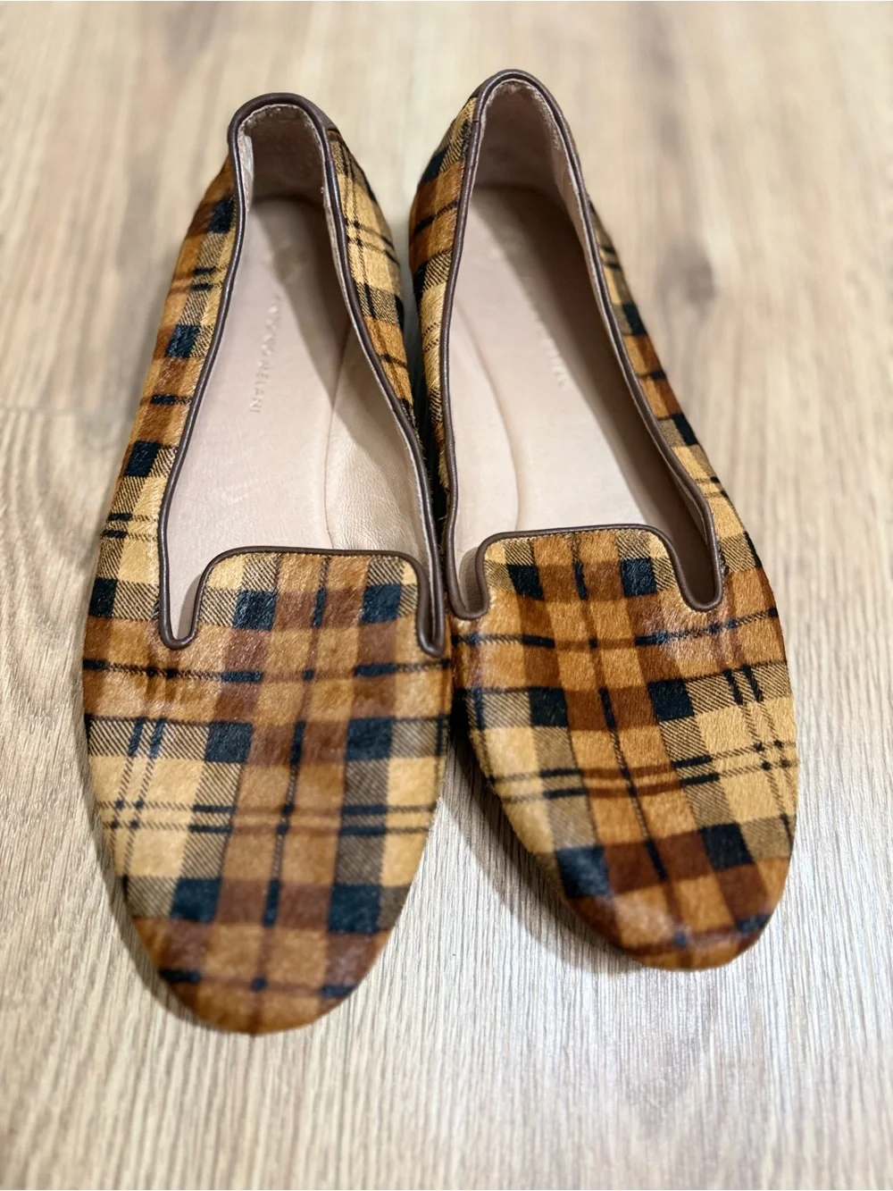 ANTONIO MELANI Larrah Plaid Calf Hair Loafers 9M Brown Tan Leather Flats